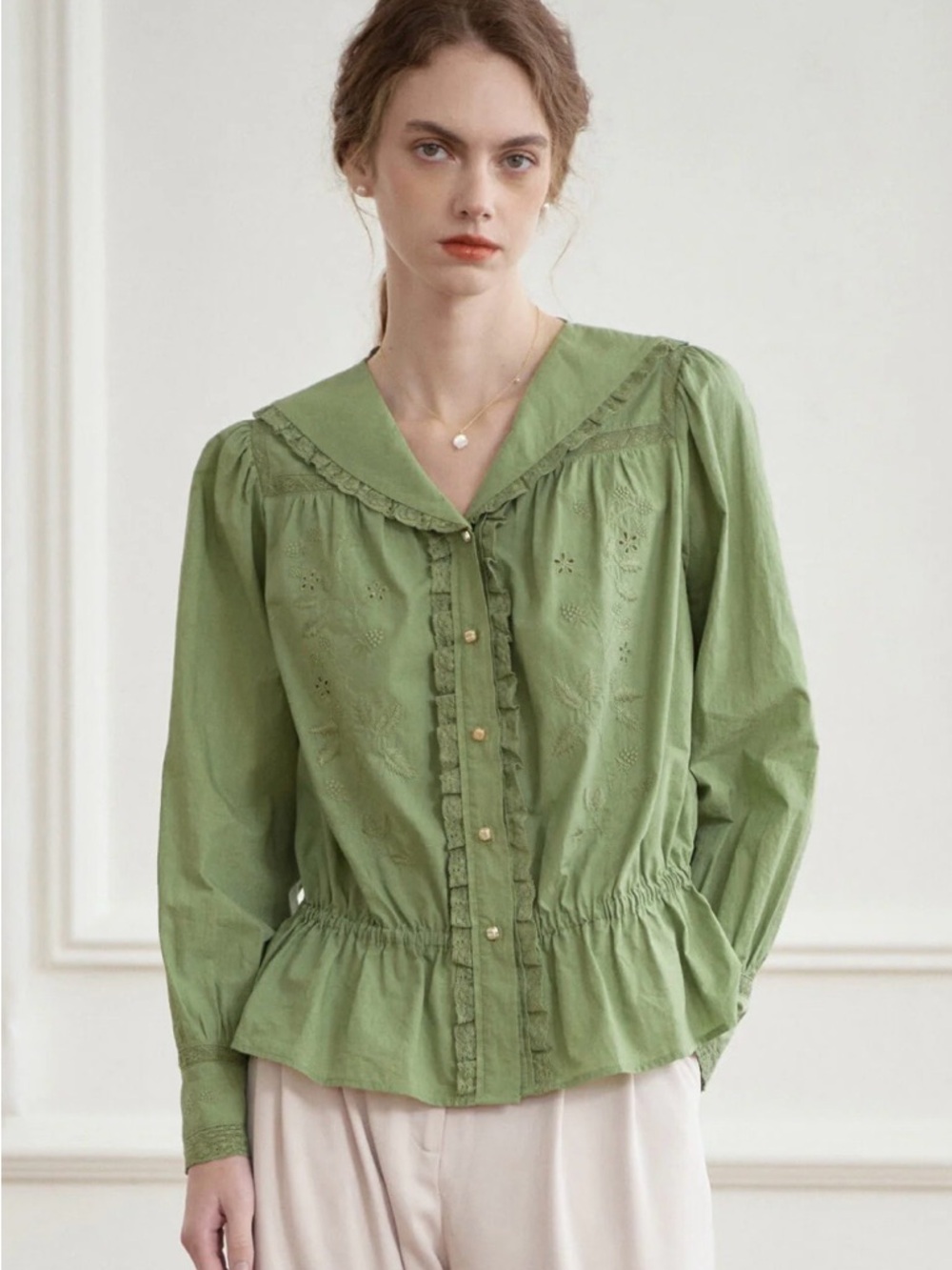 Simple Retro Kaylani Embroidered Vneck lace blouse